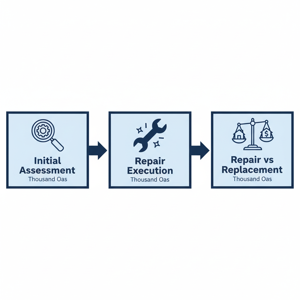 Horizontal process flow diagram showing AC repair steps: diagnosis, repair execution, and repair vs replacement decision.