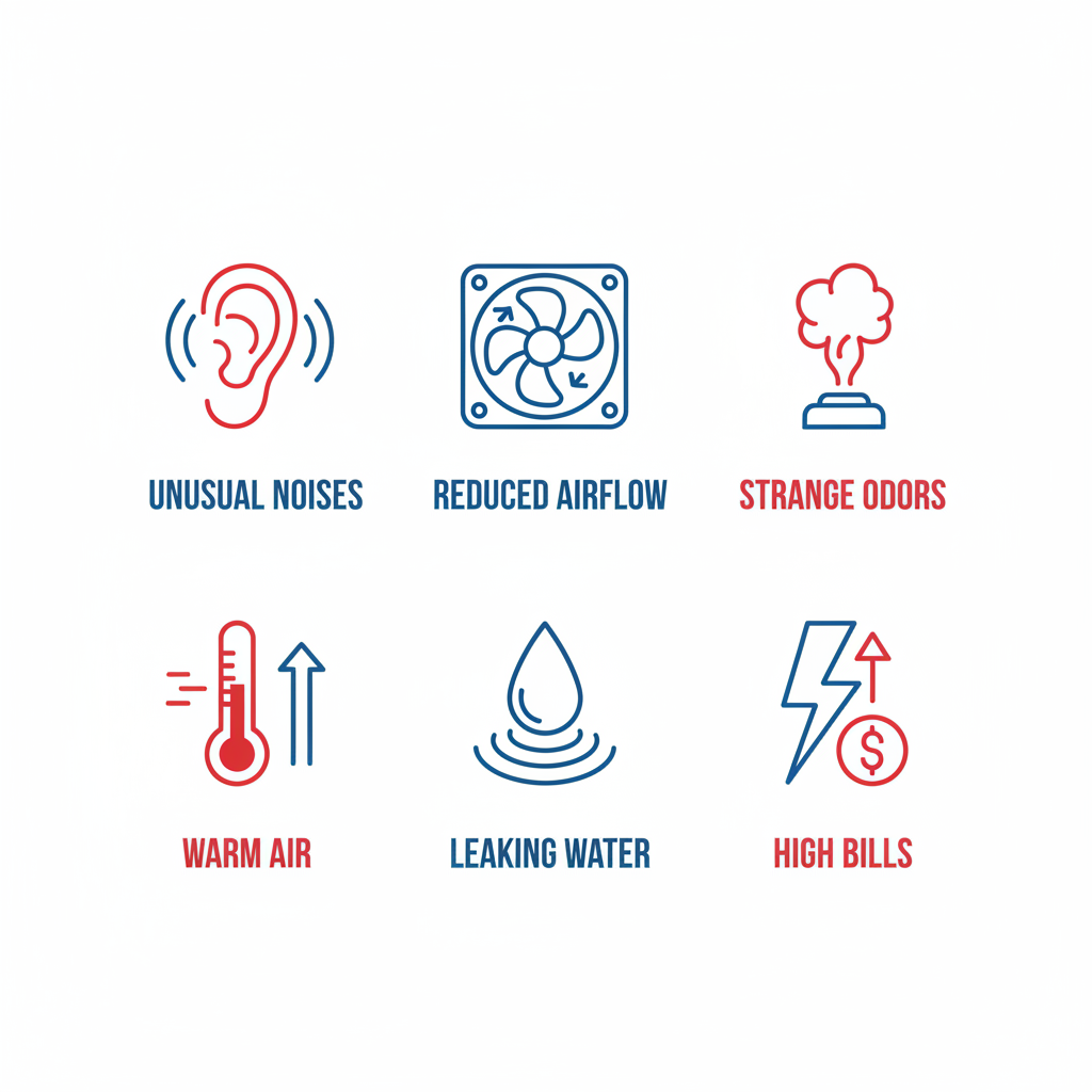 Grid of six icons illustrating common AC failure signs: unusual noises, reduced airflow, strange odors, warm air, leaking water, and high energy bills in Westlake.