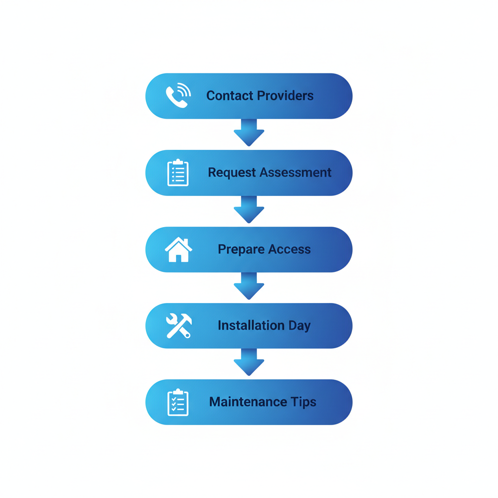 Vertical process flow diagram showing five steps for beginning gutter services in Groveland with icons and blue gradient stages.