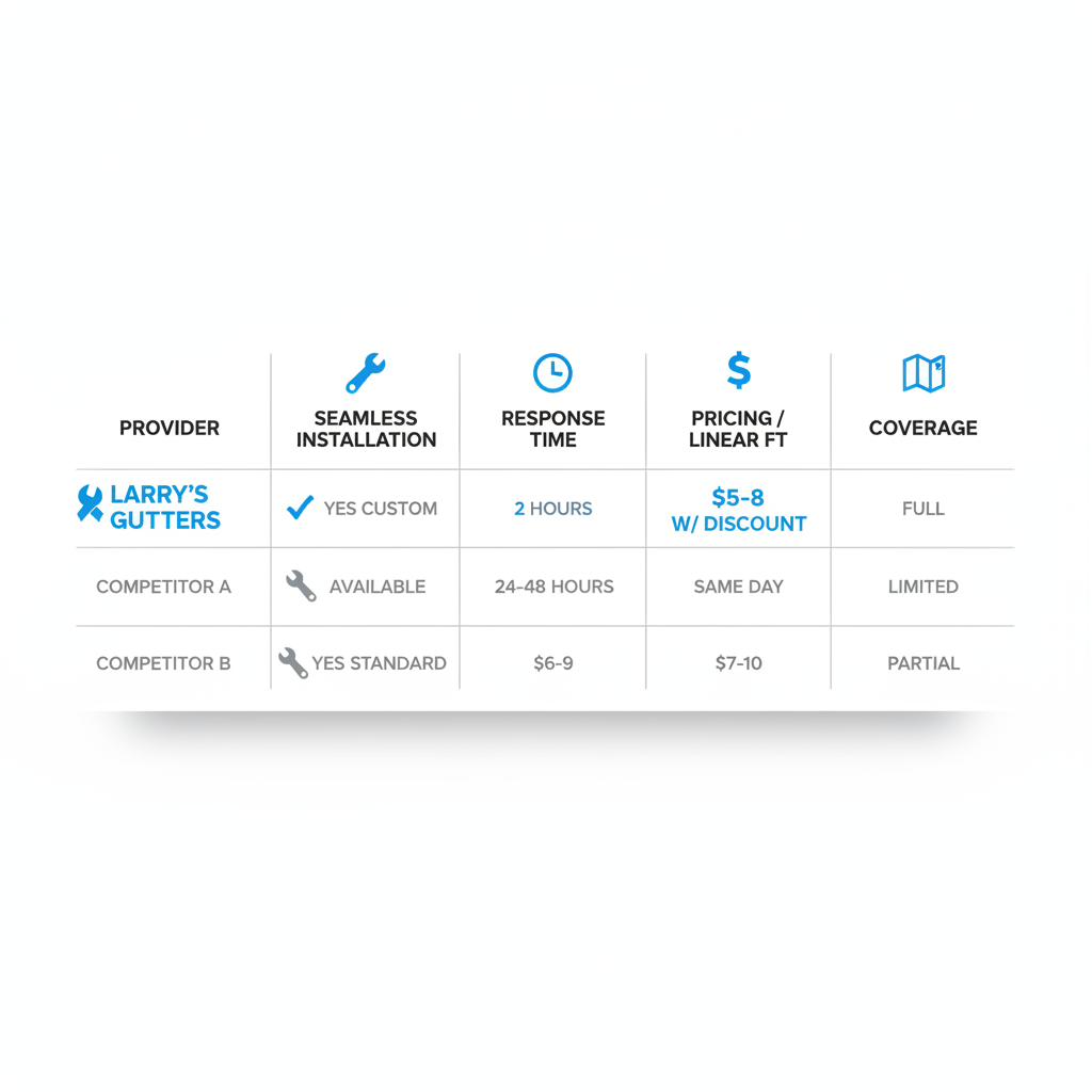 Infographic comparing gutter service providers in Eustis, Florida on installation, response time, pricing, and coverage with icons and checkmarks.