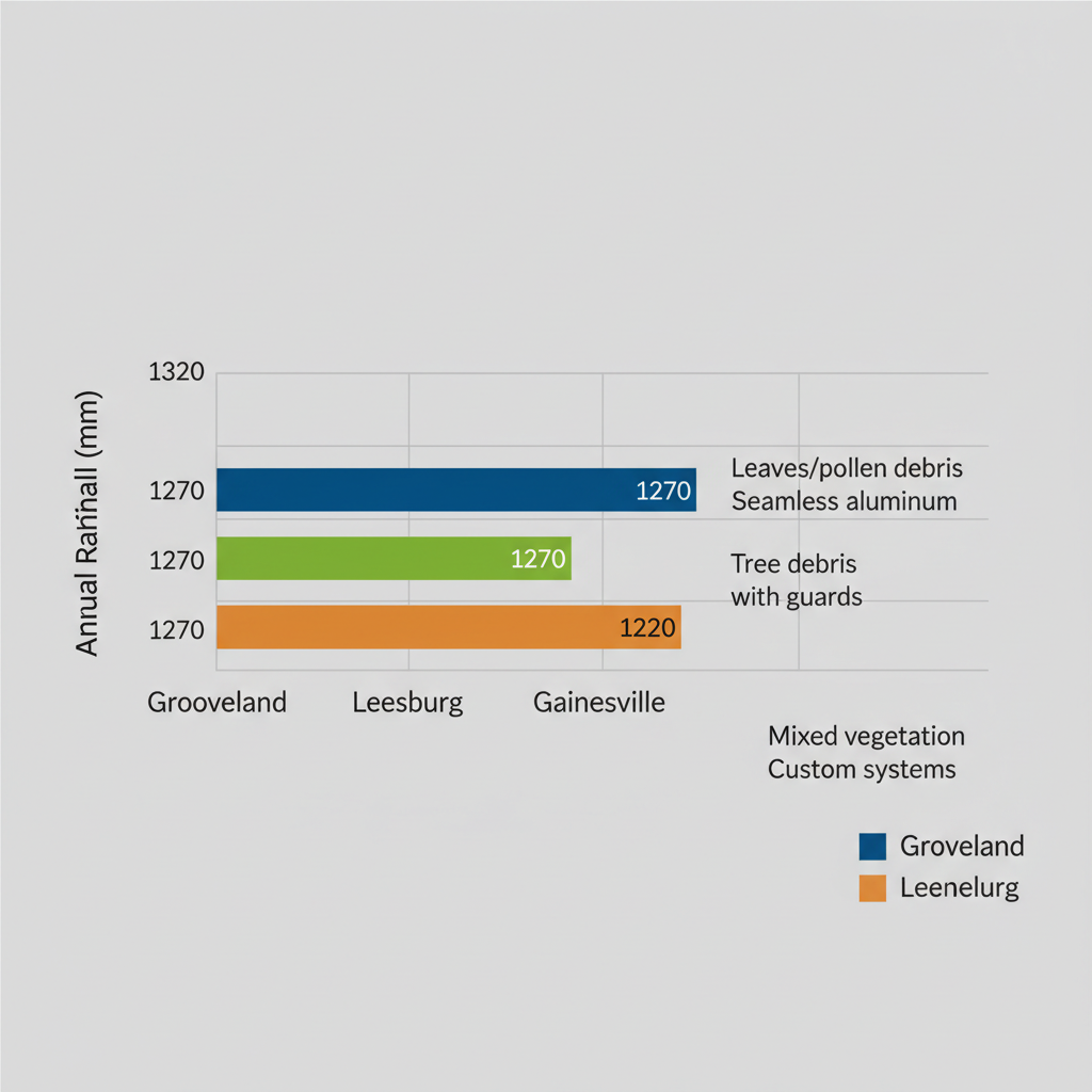 Bar chart comparing annual rainfall in Groveland, Leesburg, and Gainesville for gutter services, with debris types and recommendations