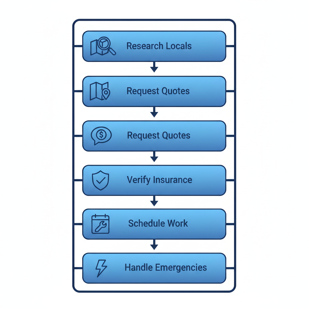 Vertical process flow diagram illustrating five steps to hire a gutter contractor in Groveland with icons and labels.