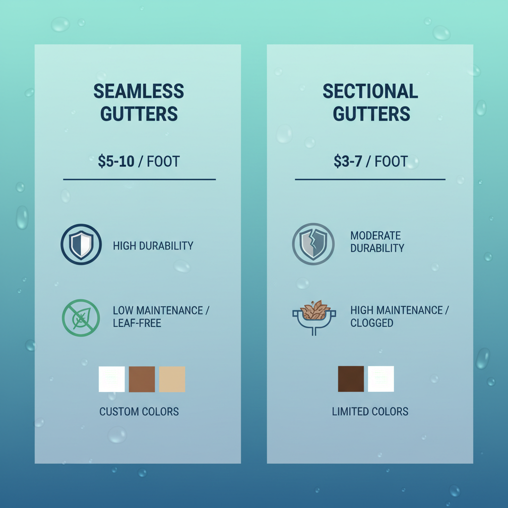 Infographic comparing seamless and sectional gutters for Minneola homes, showing costs, durability, maintenance, and color options