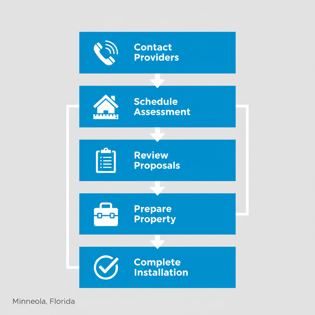 Vertical process flow diagram showing five steps for installing gutters in Minneola, Florida, with icons and short labels.