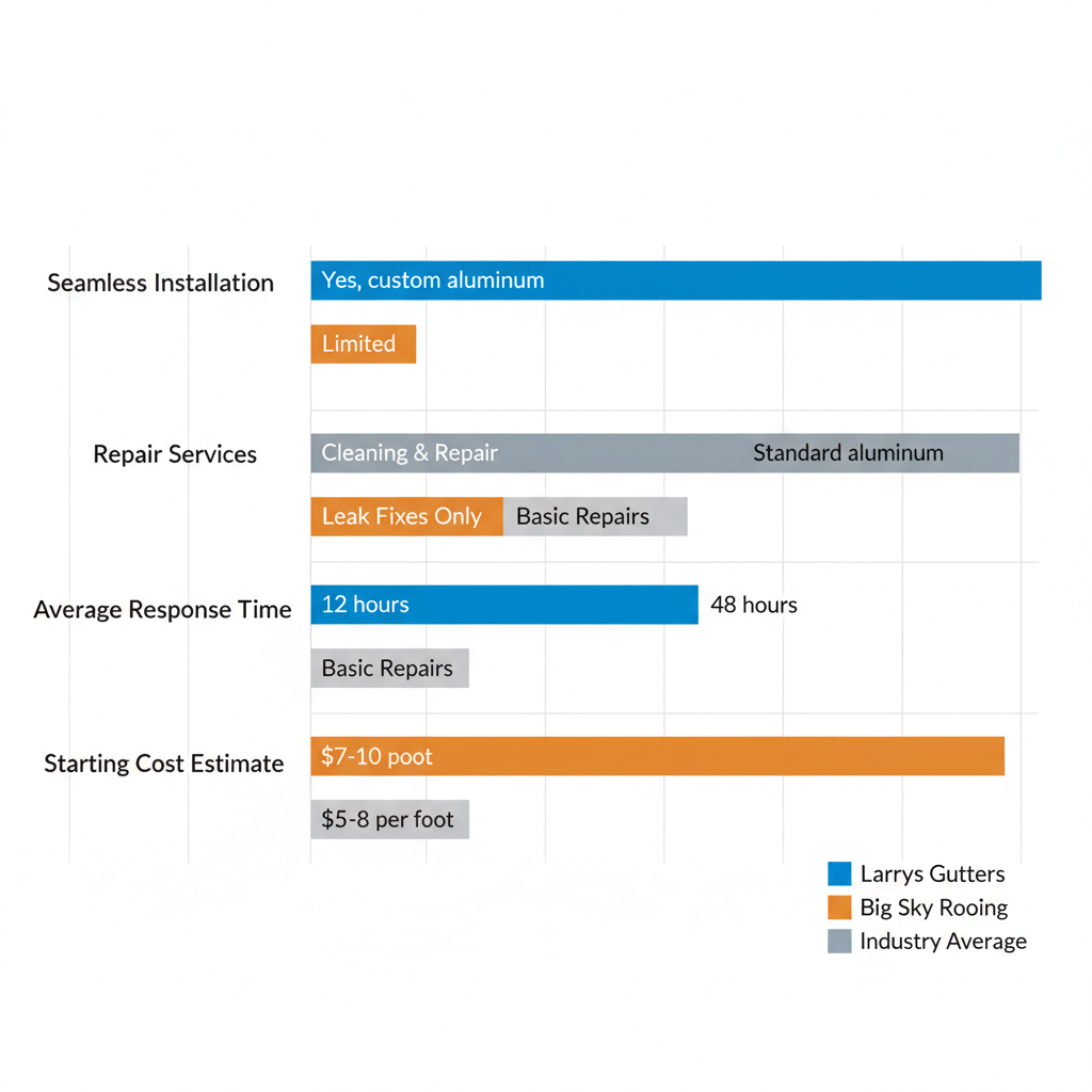 Horizontal bar chart comparing key gutter service metrics for Larry's Gutters, Big Sky Roofing, and industry average in Minneola, Florida