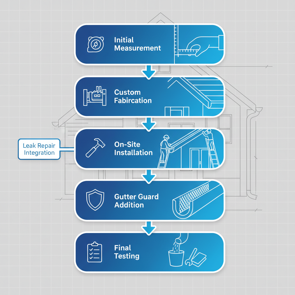 Vertical process flow diagram of seamless gutter installation in Minneola with five stages including measurement, fabrication, installation, guard addition, and testing.