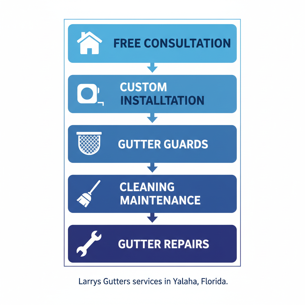 Vertical process flow diagram of Larry's Gutters services in Yalaha, Florida, showing five stages from consultation to repairs.