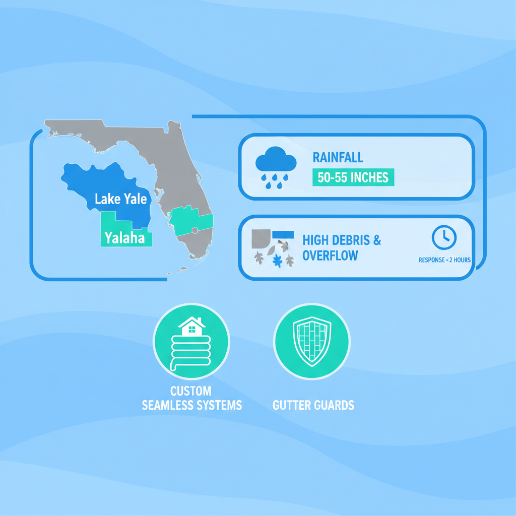 Infographic showing map of Central Florida with Yalaha highlighted, rainfall data of 50-55 inches, common gutter issues like debris and overflow, quick response times, and icons for custom seamless gutters and guards.