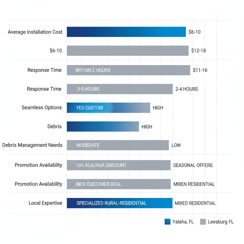 Horizontal bar chart comparing gutter service aspects like costs, response times, and promotions between Yalaha, Gainesville, and Leesburg, Florida.