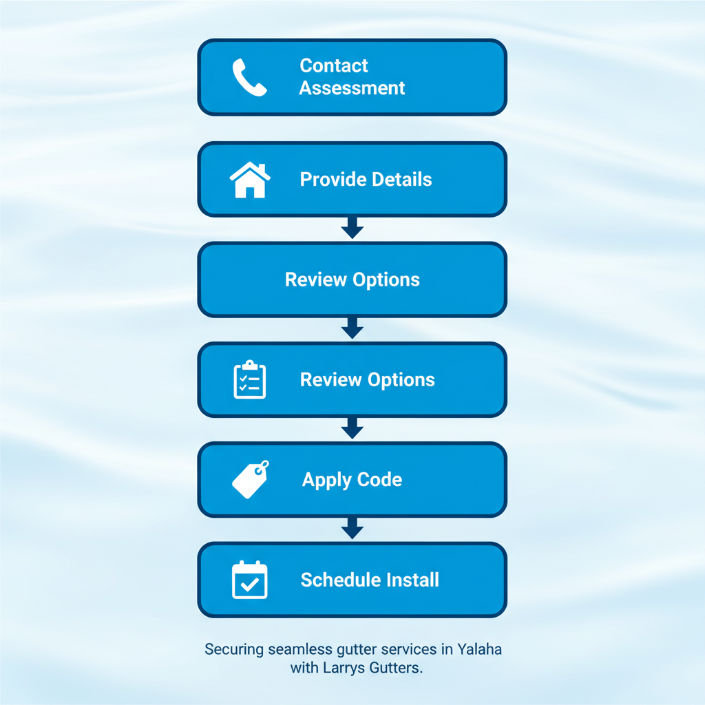Vertical process flow diagram showing five steps to secure gutter services in Yalaha, including contact, details, review, discount, and scheduling with icons and arrows.