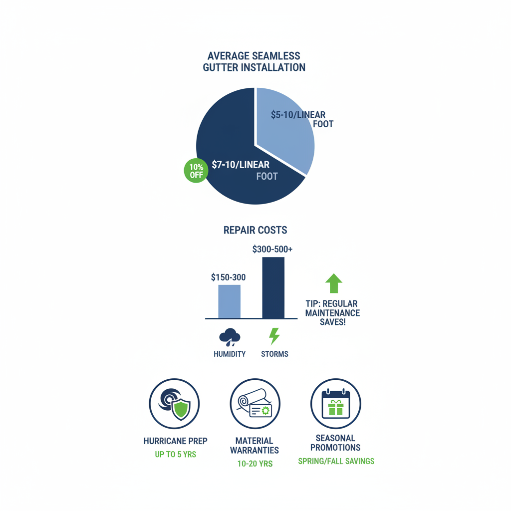 Infographic showing gutter installation and repair cost considerations in Minneola, Florida, with charts and icons for local factors.