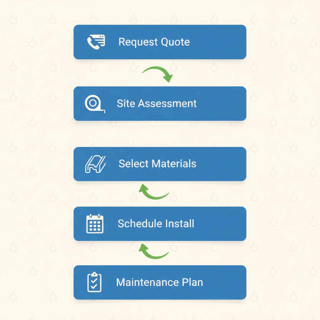 Vertical process flow illustrating five steps to initiate a gutter project in Tavares, featuring icons and connected arrows.