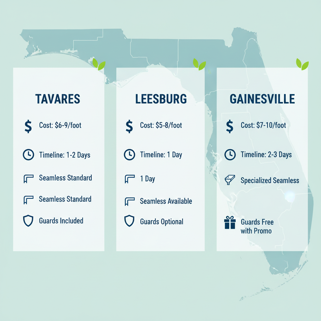 Infographic comparing gutter installation costs, timelines, and features in Tavares, Leesburg, and Gainesville.