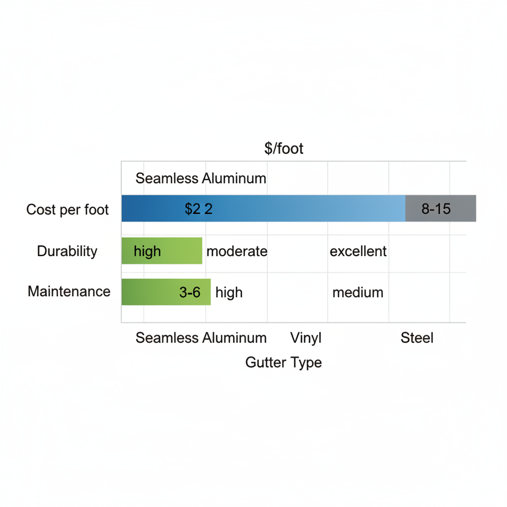 Horizontal bar chart comparing cost, durability, and maintenance of seamless aluminum, vinyl, and steel gutters for Sanford homes