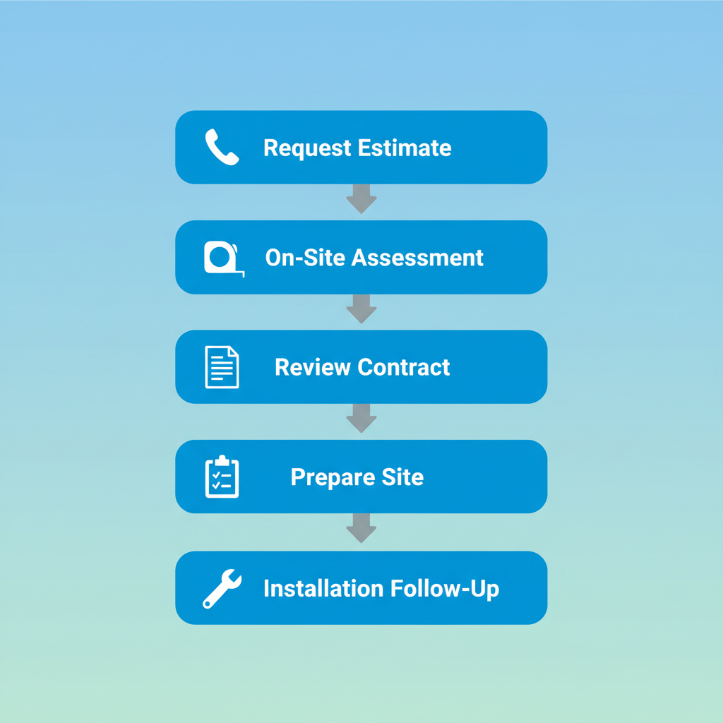 Vertical process flow diagram illustrating the five steps for seamless gutter installation in Sanford, Florida, featuring icons for each stage.