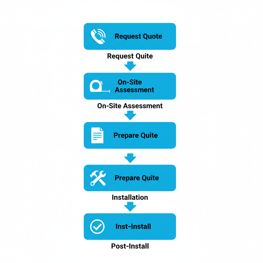 Vertical process flow diagram illustrating the five key steps for professional gutter installation in Tavares.