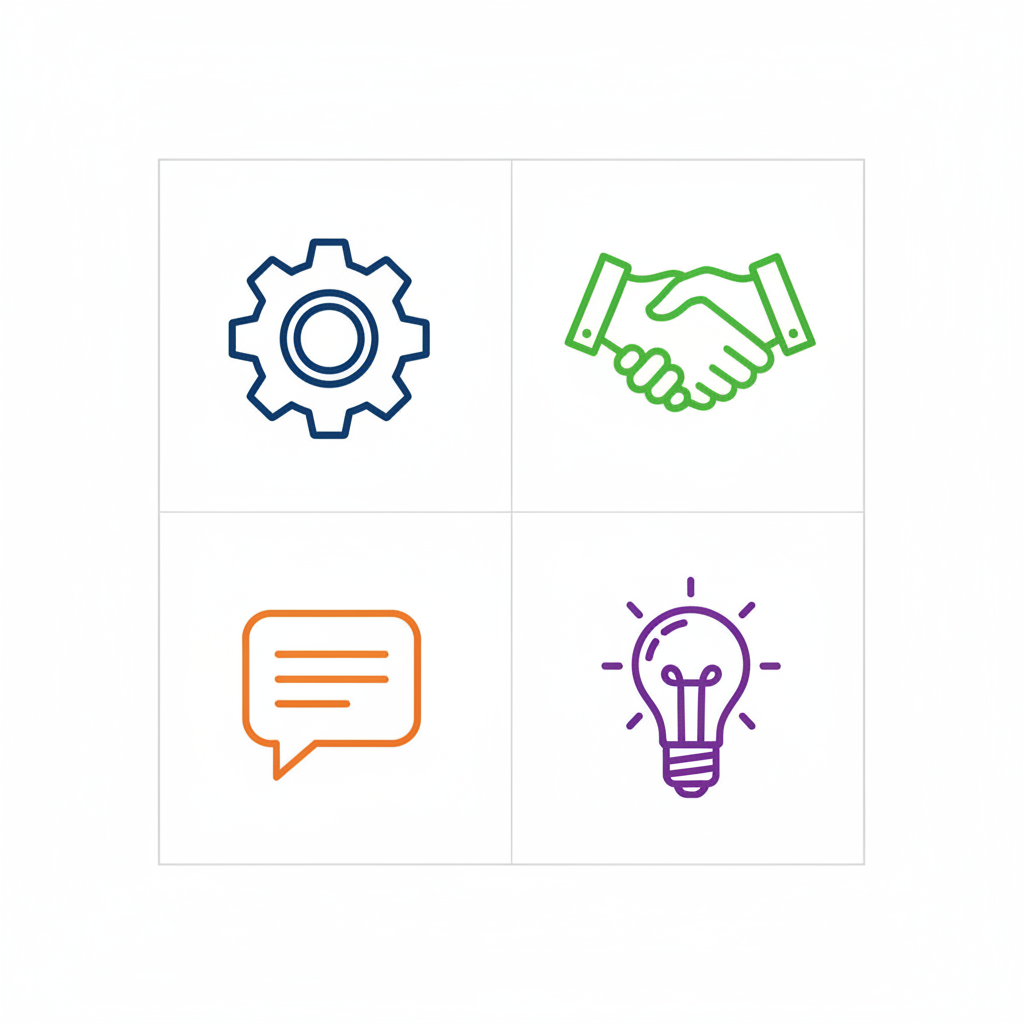 Grid of four clean line art icons depicting dealership growth pillars: gear for operations in blue, handshake for sales in green, chat bubble for customer engagement in orange, lightbulb for innovation in purple.