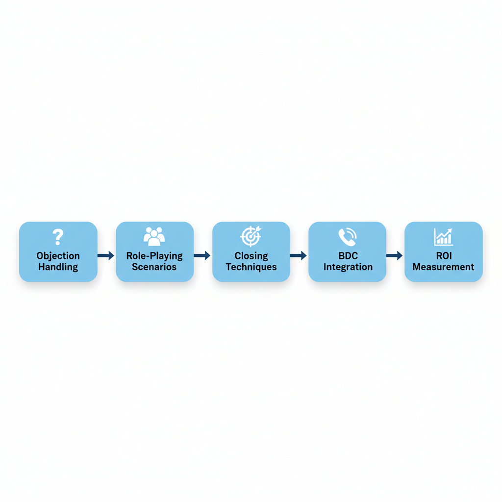 Horizontal process flow diagram illustrating five key steps to enhance sales team performance in a dealership, featuring icons and arrows connecting objection handling, role-playing, closing techniques, BDC integration, and ROI measurement.