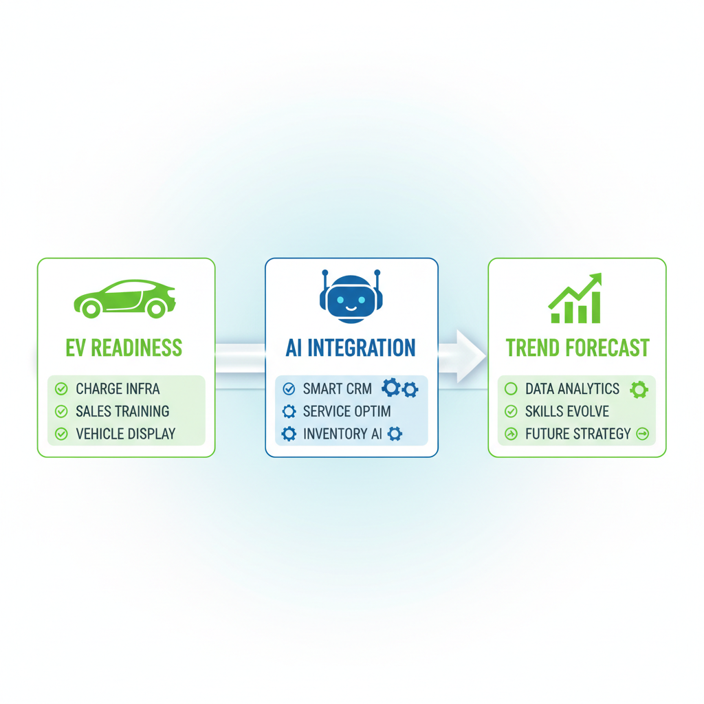 Infographic showing three key areas for dealership future-proofing: EV readiness, AI integration, and trend forecasting with icons and progression timeline