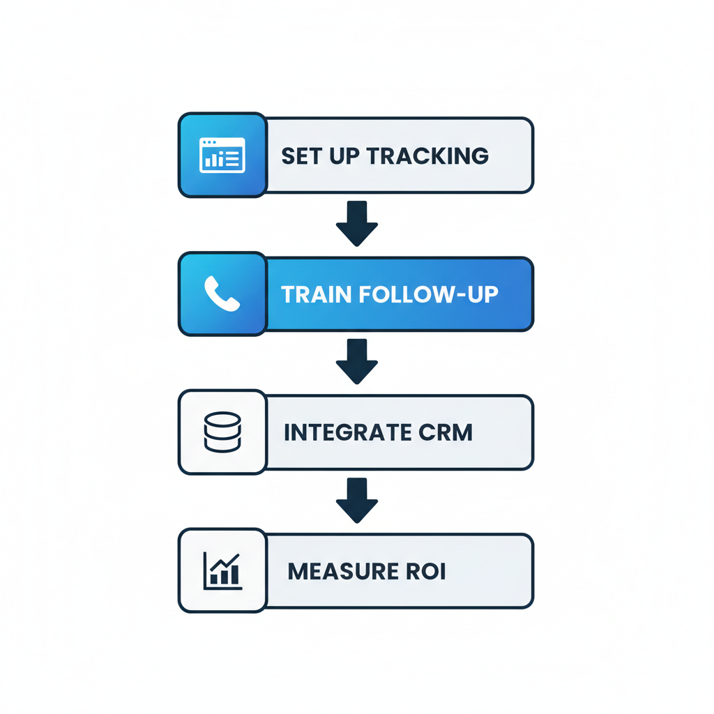 Vertical process flow diagram showing four steps to strengthen Business Development Center operations: setting up lead tracking, training agents, integrating CRM, and measuring ROI.