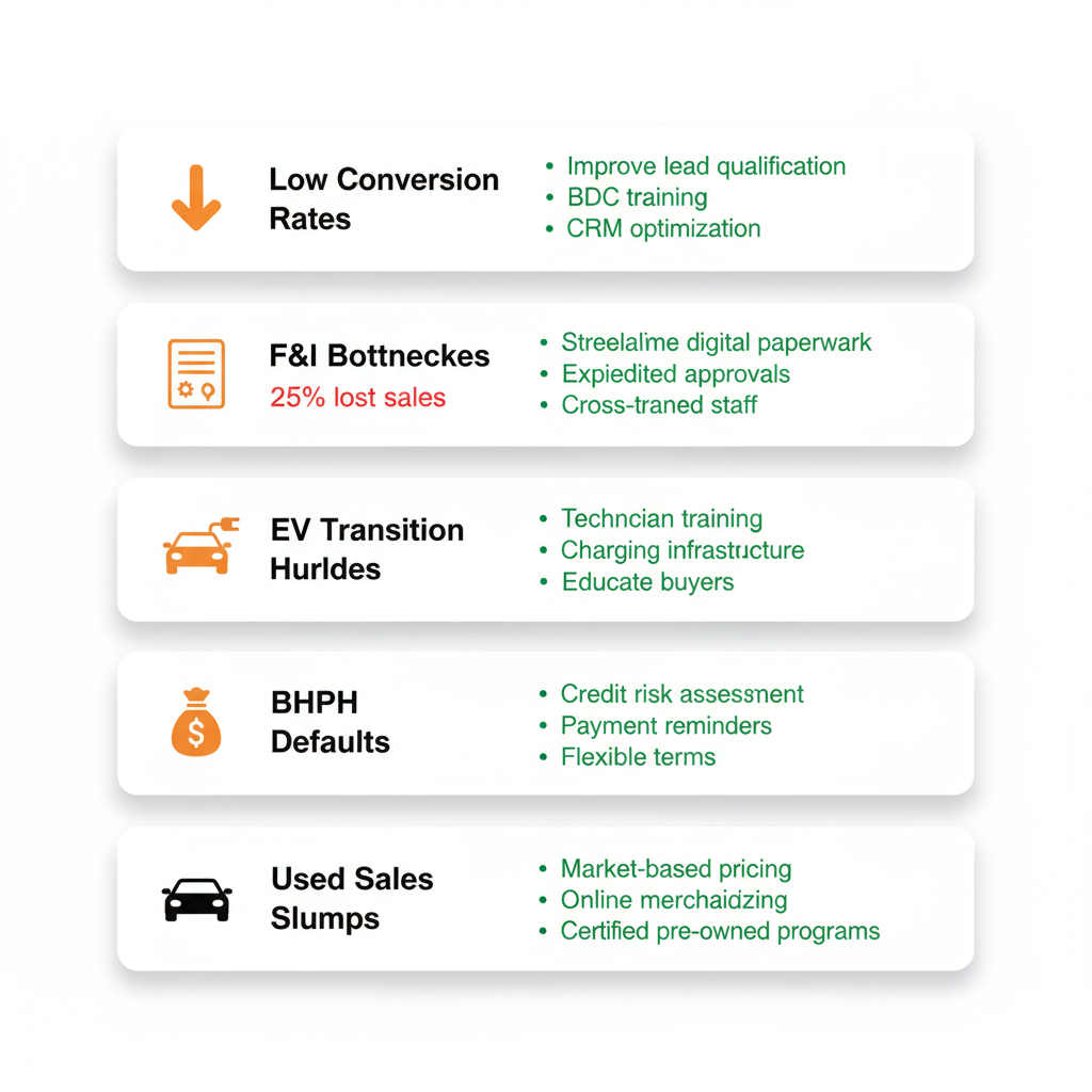 Infographic depicting five key dealership growth challenges and practical training solutions