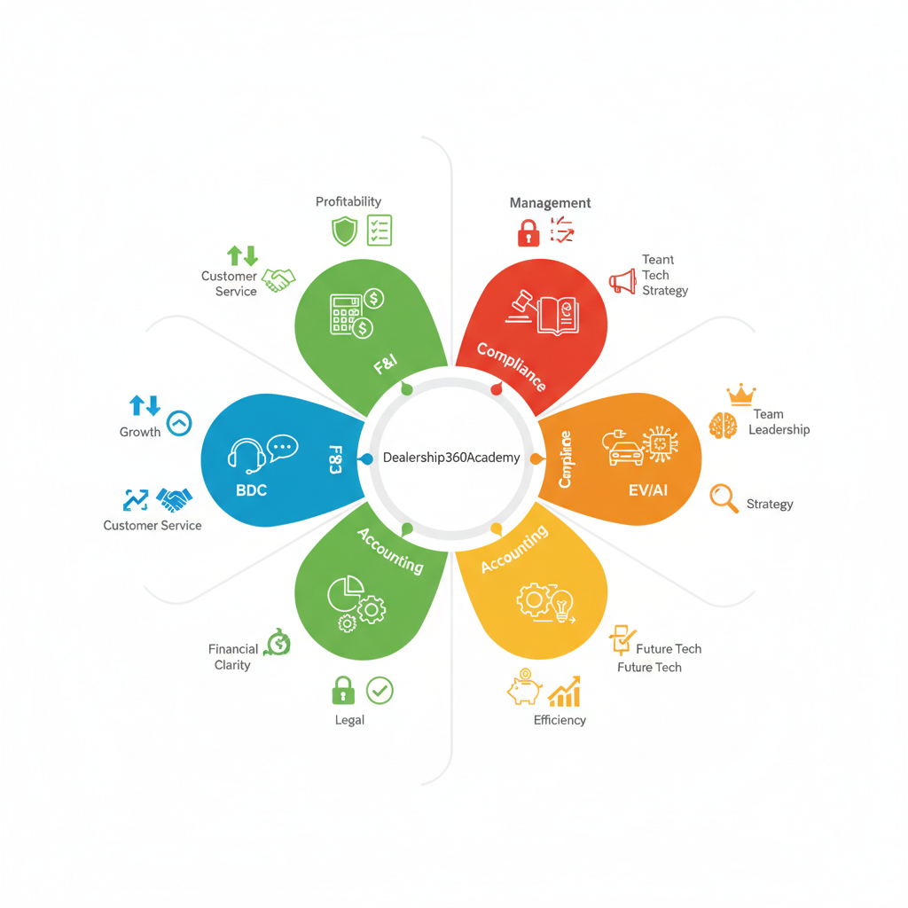 Infographic showing six modular training branches for dealership departments: BDC, F&I, compliance, accounting, EV/AI, and management with icons and benefits.