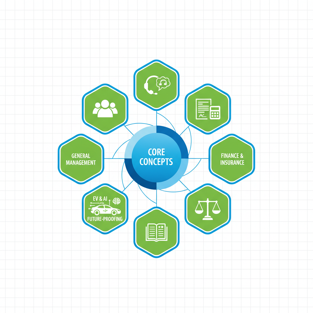 Infographic depicting core concepts of dealership management training with hexagonal icon arrangement around central circle