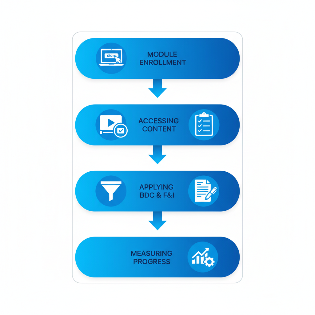 Vertical process flow diagram showing four stages of implementing Dealership Academy Training Program: enrollment, content access, application, and measurement.