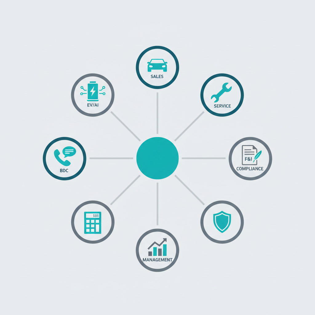 Infographic illustrating integrated dealership training modules through a central hub connecting department icons