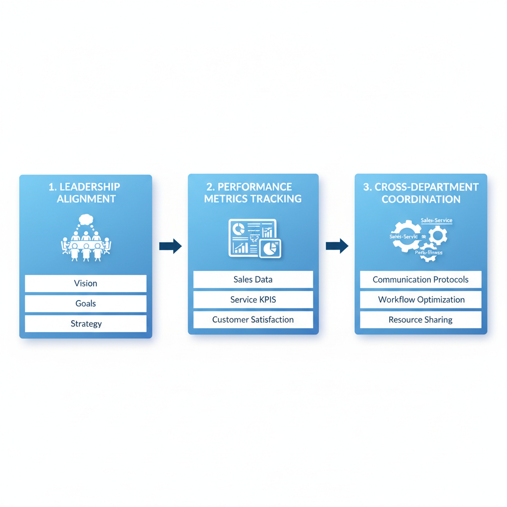 Horizontal process flow illustrating three key stages of general management essentials for dealership operations: leadership alignment, performance metrics tracking, and cross-department coordination.