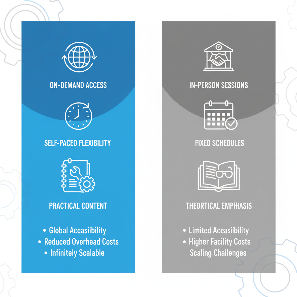 Infographic comparing digital and traditional dealership training methods with icons and bullet points