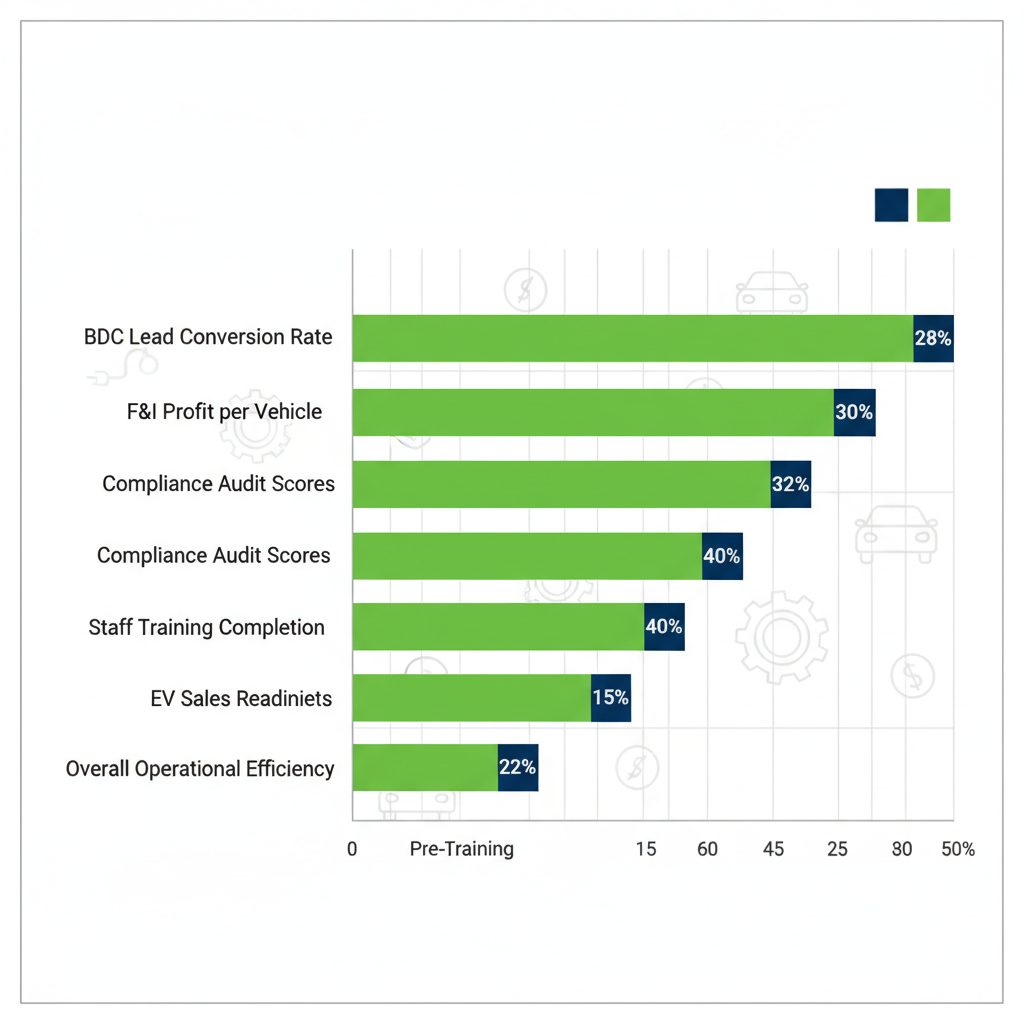 Horizontal bar chart depicting pre- and post-training improvements in key dealership performance metrics including lead conversion, profit, compliance, and efficiency.