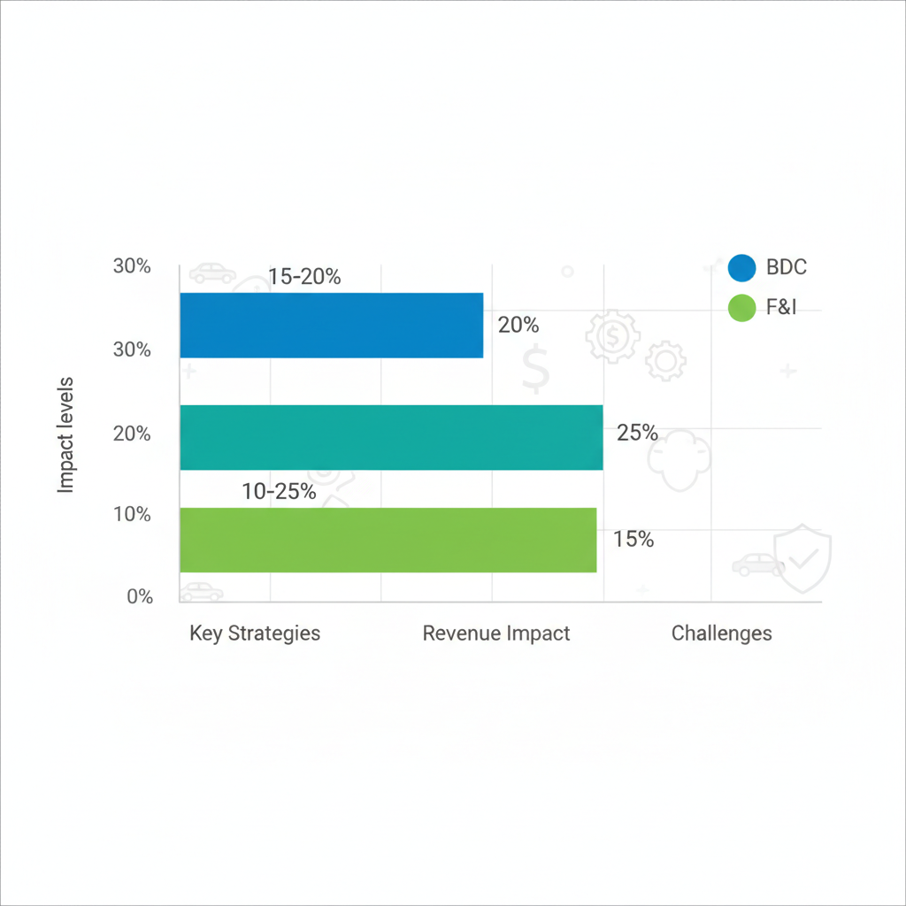 Bar chart illustrating comparison between BDC and F&I training modules' impacts on strategies, revenue, and challenges in automotive dealerships.