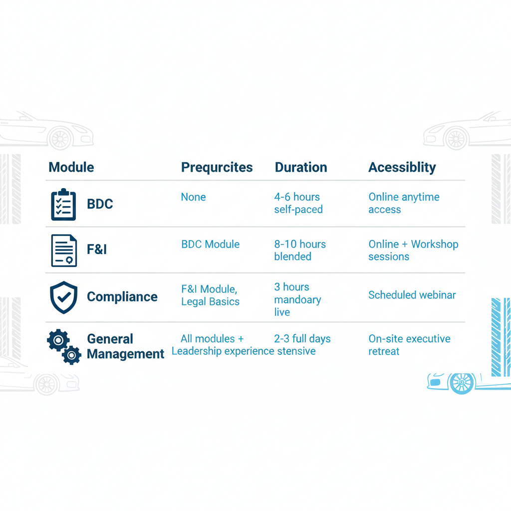 Infographic comparing dealership training modules by prerequisites, duration, and accessibility