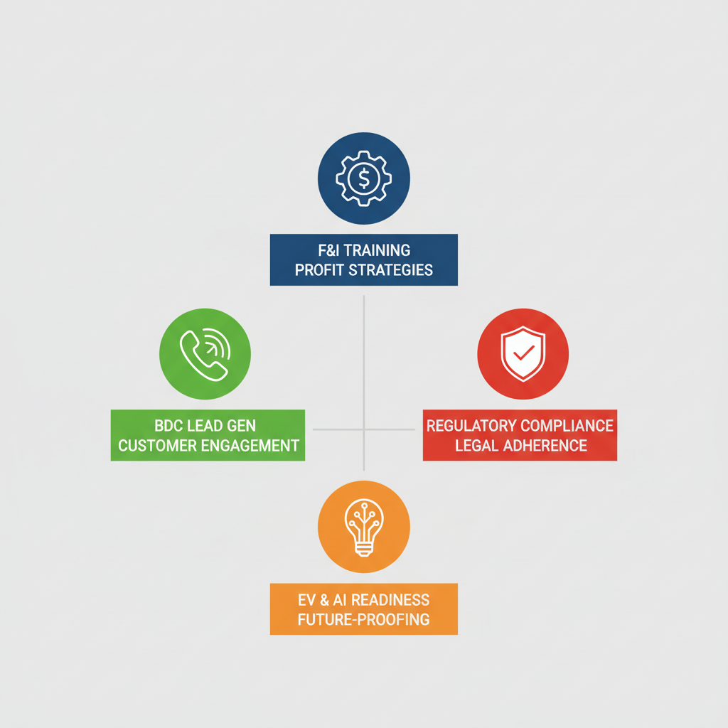 Infographic depicting four essential dealership training components: F&I in blue, BDC in green, compliance in red, and future-proofing in orange with icons and brief highlights.