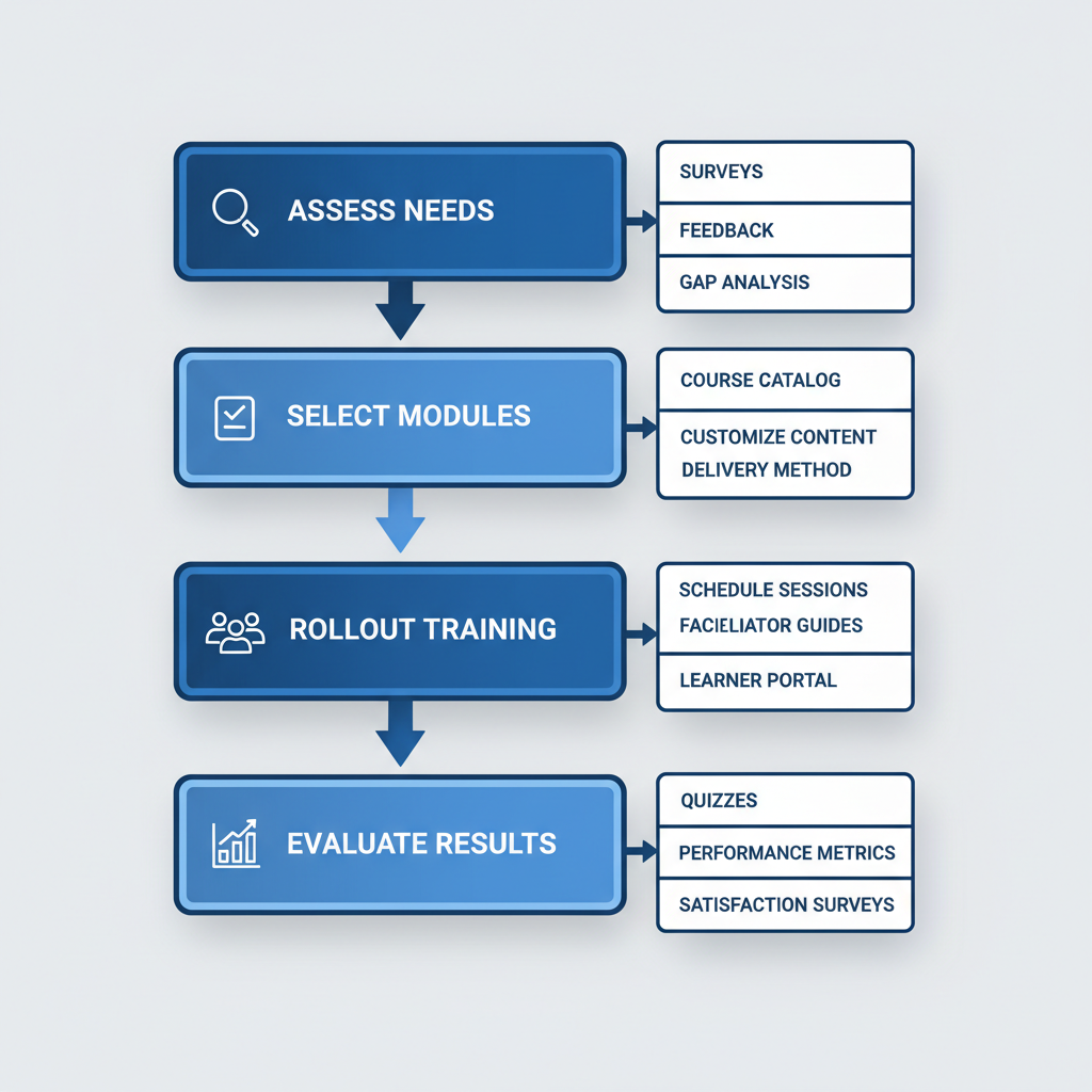 Vertical process flow diagram showing four steps for implementing dealership training: assess needs, select modules, rollout training, and evaluate results.
