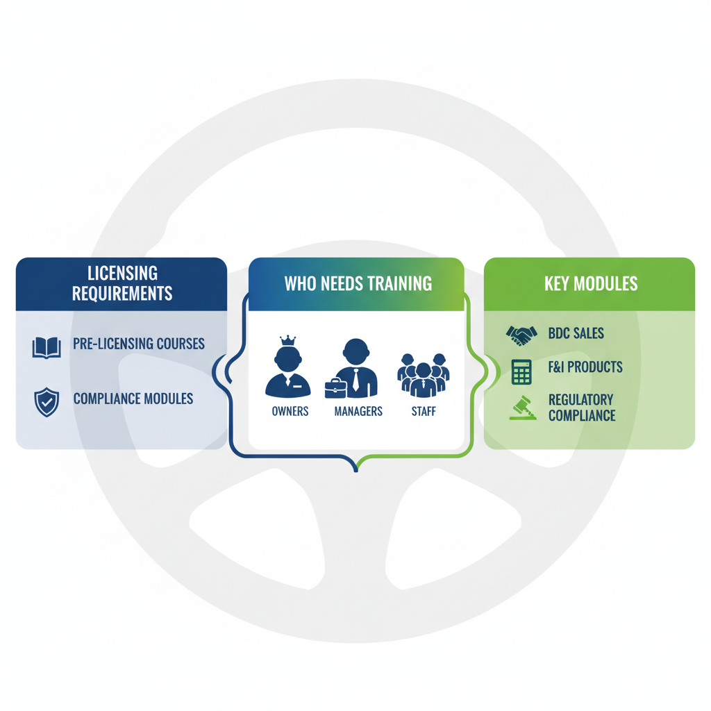 Infographic illustrating key aspects of online dealership training: licensing, target audience, and core modules with icons and minimal labels.
