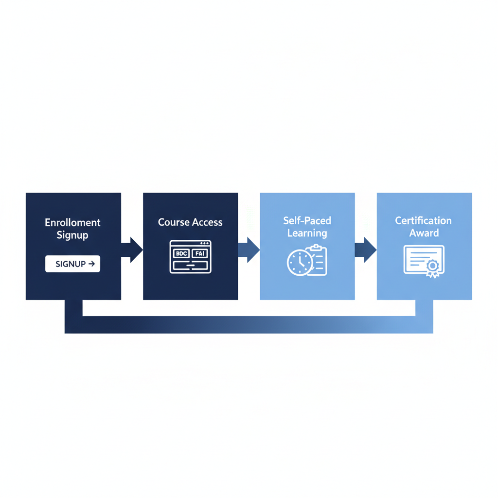 Horizontal process flow diagram showing four steps of online dealership training: enrollment, course access, self-paced learning, and certification, connected by blue arrows with icons.