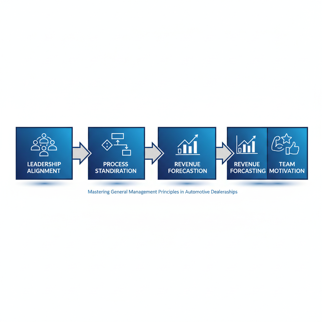 Horizontal process flow diagram showing four stages of general management in automotive dealerships: Leadership Alignment, Process Standardization, Revenue Forecasting, and Team Motivation.