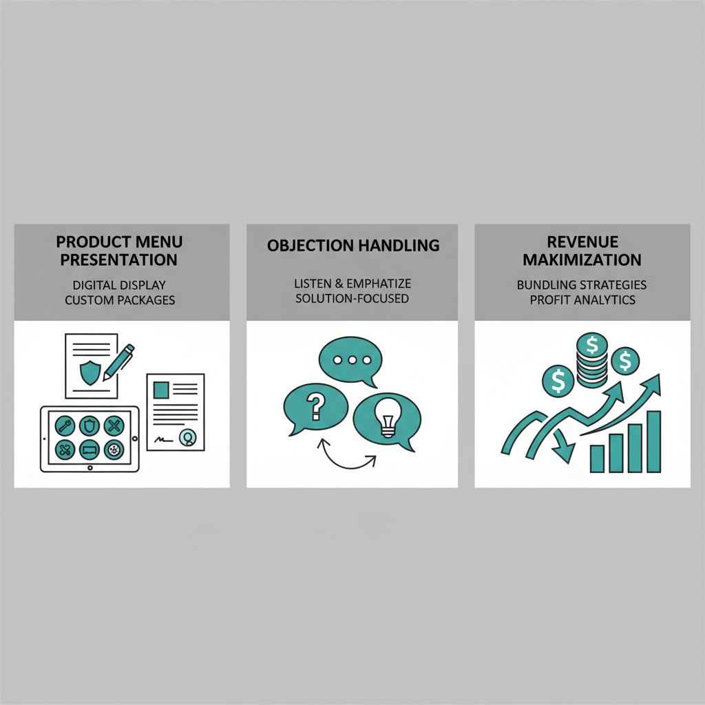 Infographic depicting three key F&I performance areas: product menu presentation, objection handling, and revenue maximization with icons and technique labels
