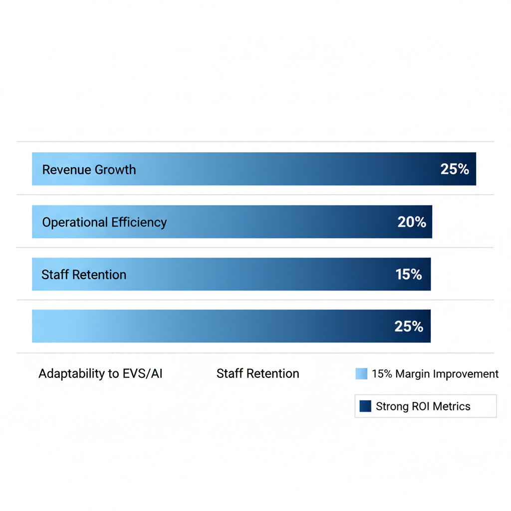 Horizontal bar chart displaying percentage improvements in revenue growth, operational efficiency, staff retention, and adaptability from dealership training
