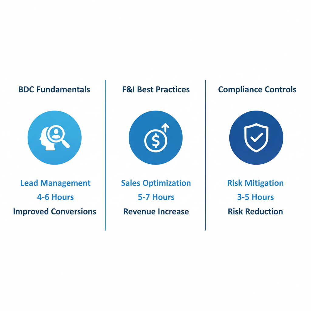 Infographic comparing BDC Fundamentals, F&I Best Practices, and Compliance Controls modules for dealership training