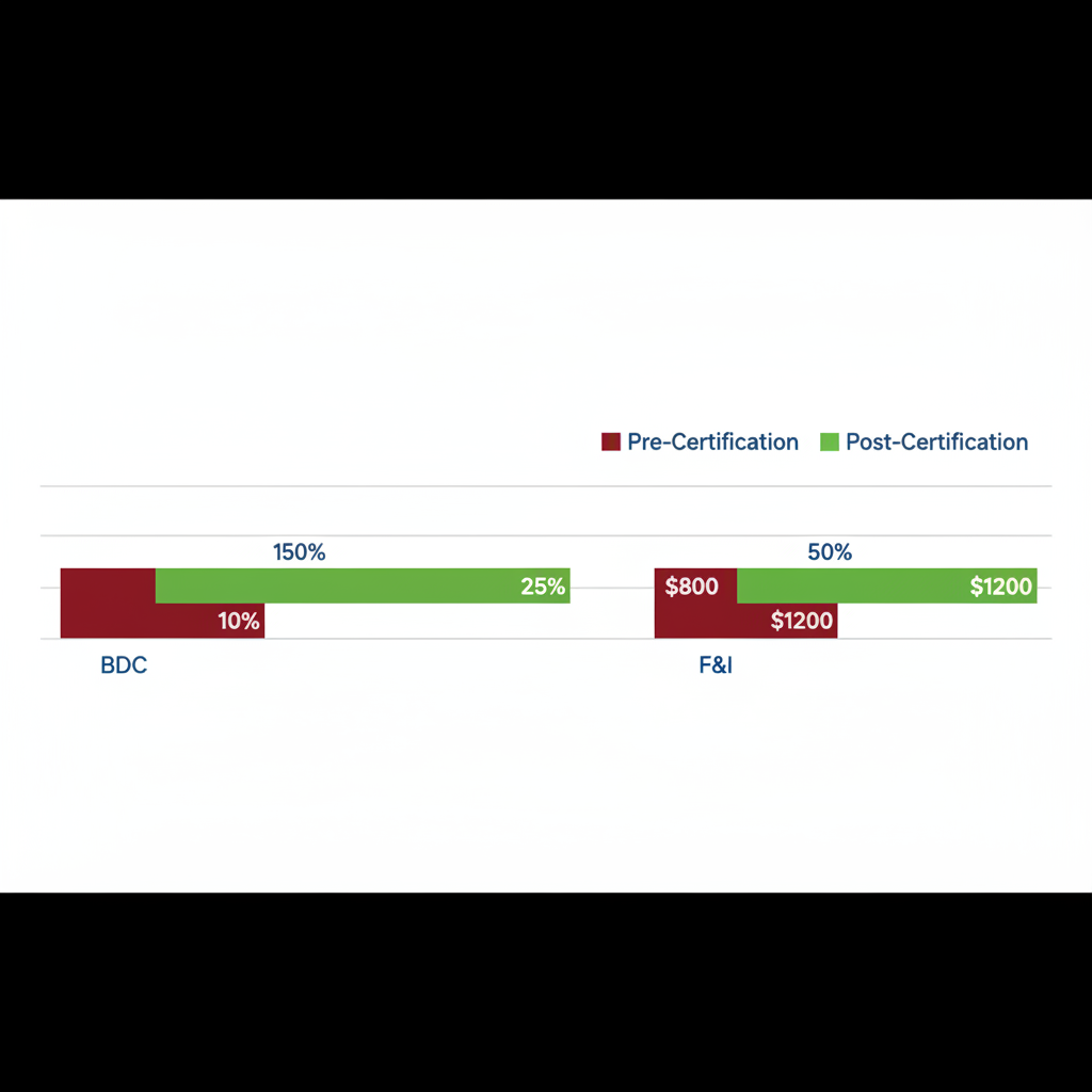 Horizontal bar chart showing performance improvements in BDC and F&I departments after dealership training certification