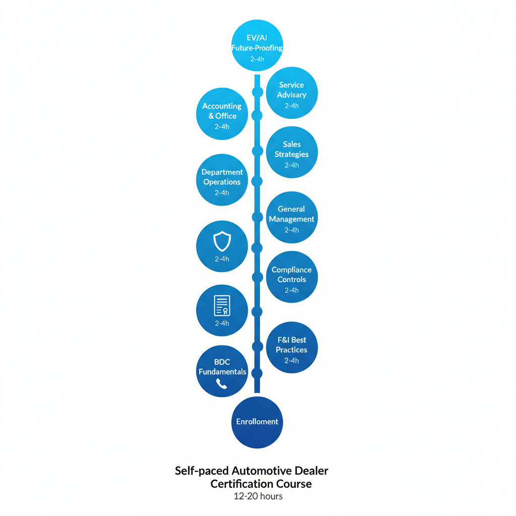 Vertical timeline illustrating the self-paced 10-module Automotive Dealer Certification Course with hour estimates and department icons