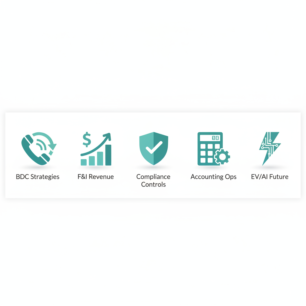 Grid of five icons representing core dealership training topics: BDC, F&I, compliance, accounting, and EV/AI future-proofing.