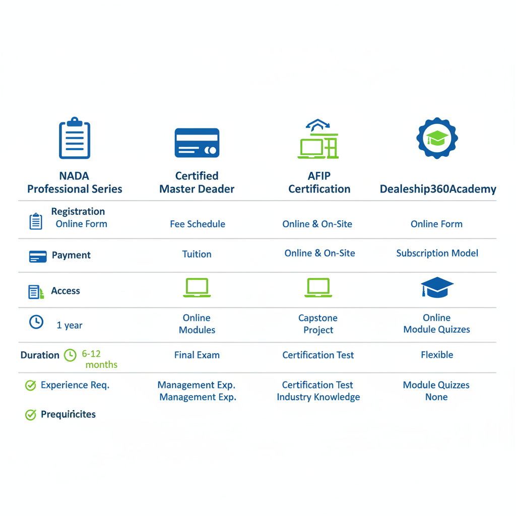 Visual comparison of enrollment steps, durations, prerequisites, and online options for NADA Professional Series, Certified Master Dealer, AFIP Certification, and Dealership360Academy dealership management certifications.