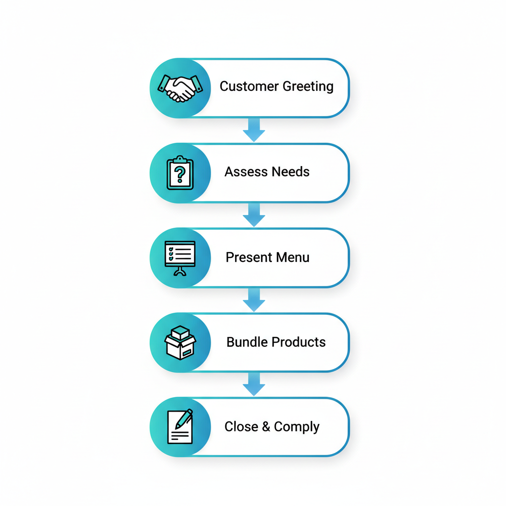 Vertical process flow diagram of F&I revenue strategies in dealership certifications with icons and labels