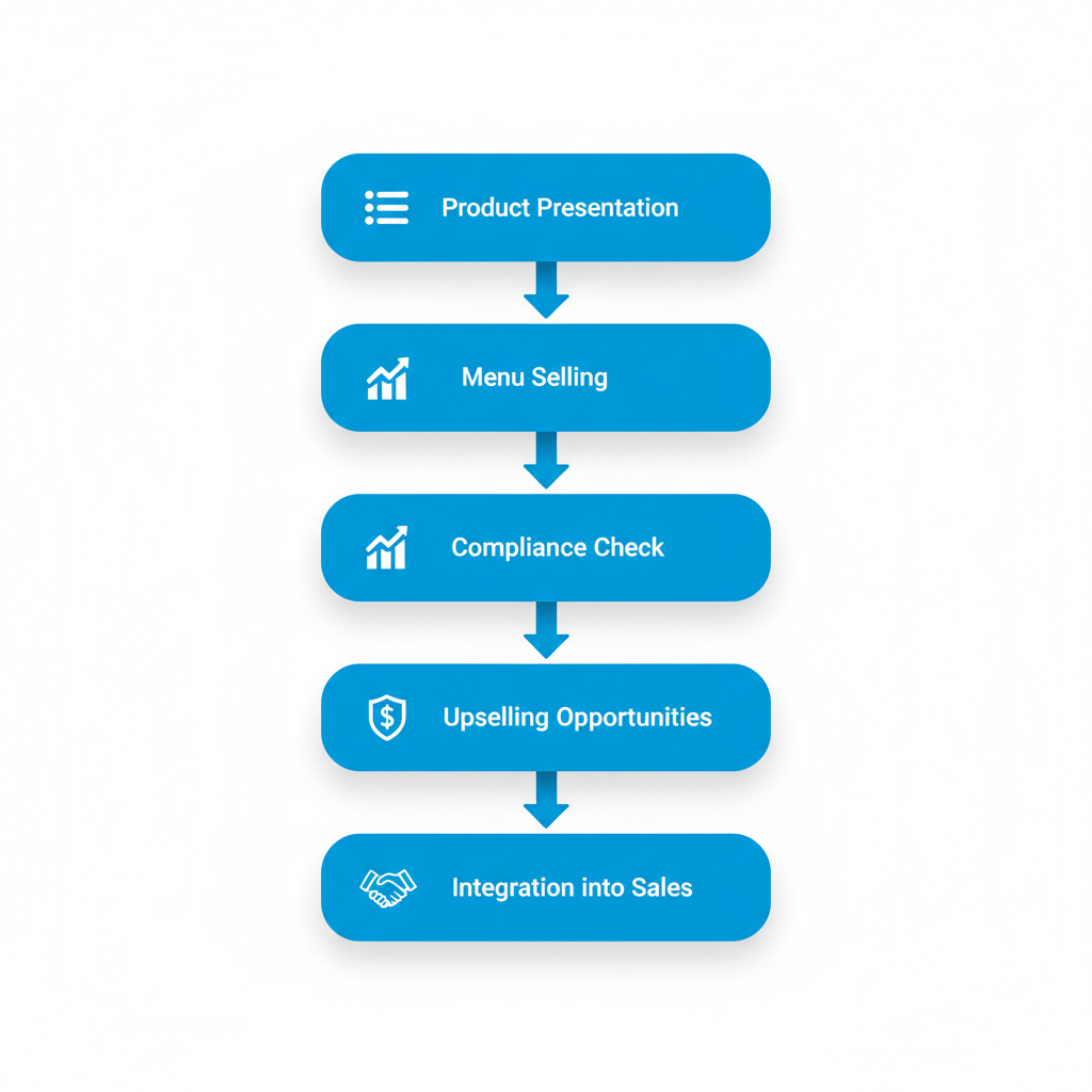 Vertical process flow diagram illustrating key F&I strategies with icons for product presentation, menu selling, compliance, upselling, and sales integration.
