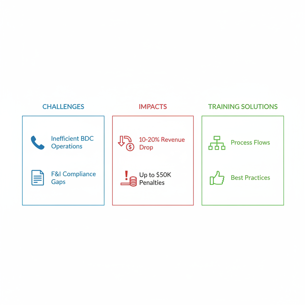Infographic illustrating dealership challenges, revenue impacts, and training solutions from Dealership360Academy