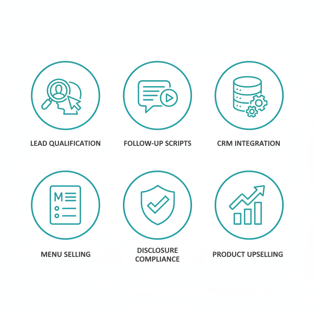 Grid of six flat outline icons in teal illustrating best practices for Business Development Center and Finance & Insurance in dealerships: lead qualification, follow-up scripts, CRM integration, menu selling, disclosure compliance, product upselling.